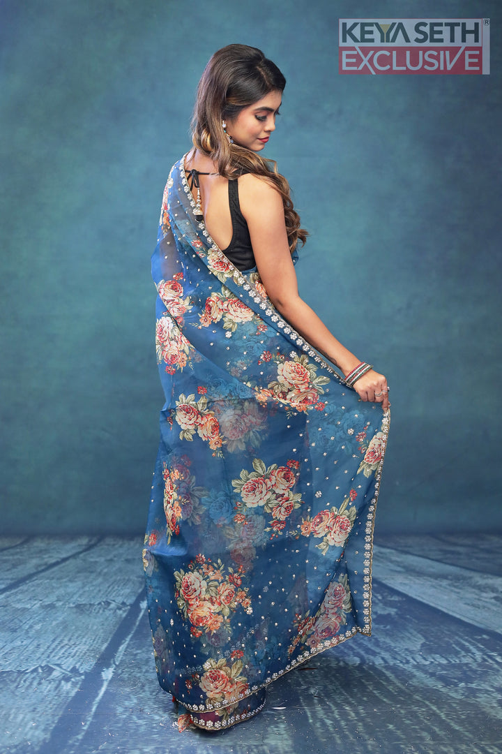 Blue Floral Soft Organza Saree - Keya Seth Exclusive