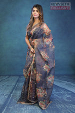 Load image into Gallery viewer, Grey Floral Soft Organza Saree - Keya Seth Exclusive