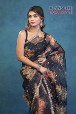 Load image into Gallery viewer, Black Floral Soft Organza Saree - Keya Seth Exclusive