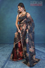 Load image into Gallery viewer, Black Floral Soft Organza Saree - Keya Seth Exclusive