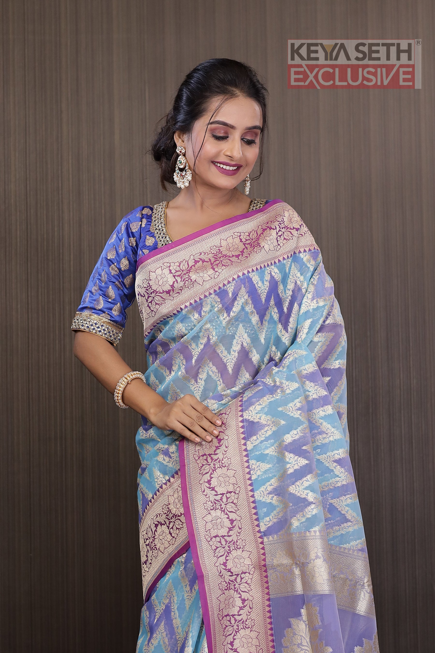 Sky and Purple Tissue Saree - Keya Seth Exclusive