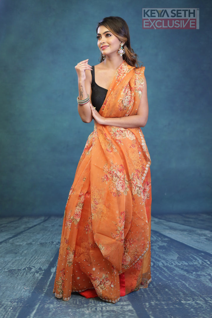 Orange Floral Soft Organza Saree - Keya Seth Exclusive