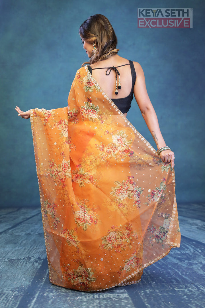 Orange Floral Soft Organza Saree - Keya Seth Exclusive