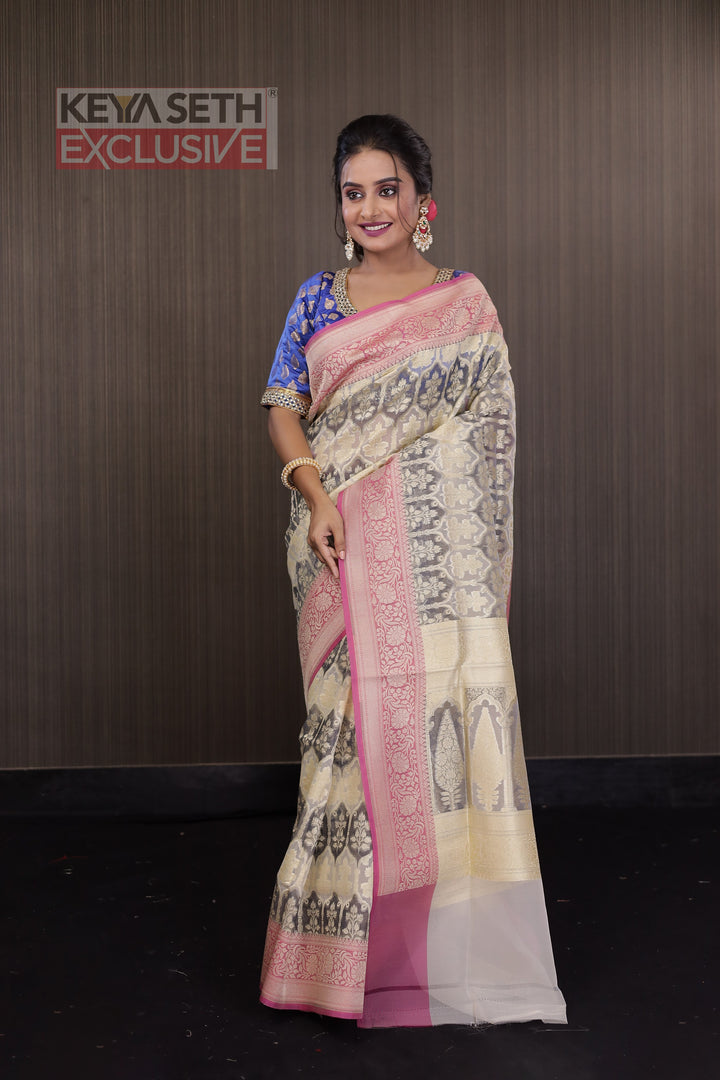 Beige and Grey Tissue Saree with Floral Motif - Keya Seth Exclusive