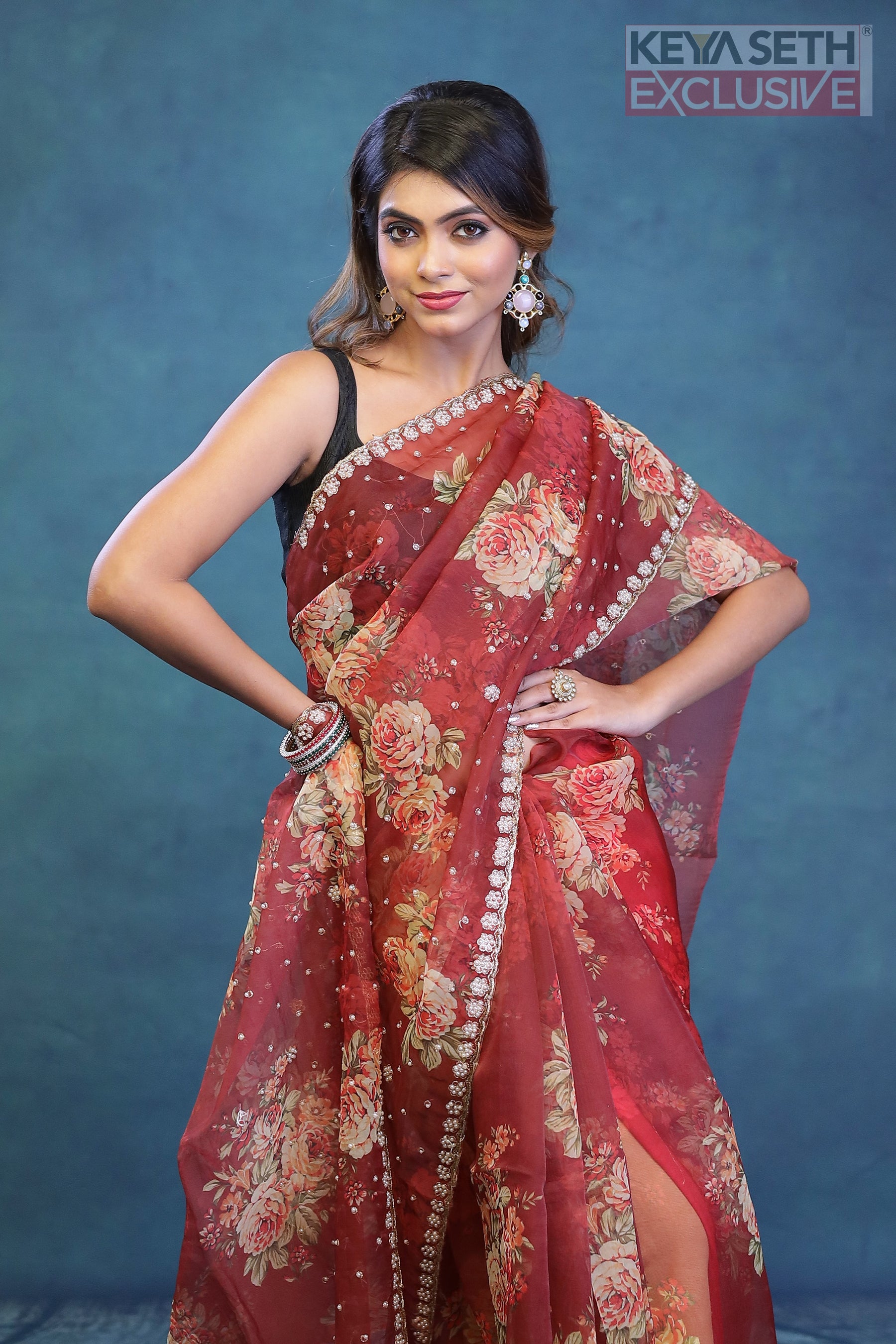 Maroon Floral Soft Organza Saree - Keya Seth Exclusive