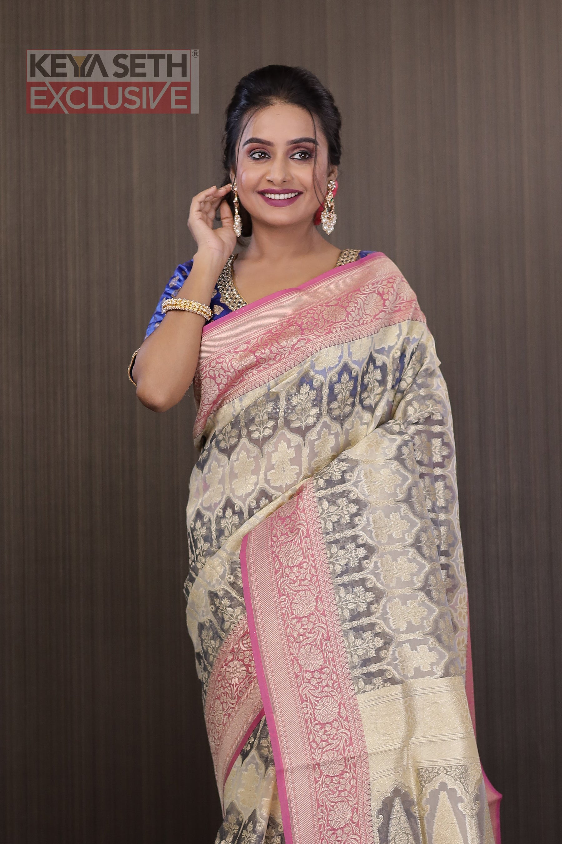 Beige and Grey Tissue Saree with Floral Motif - Keya Seth Exclusive