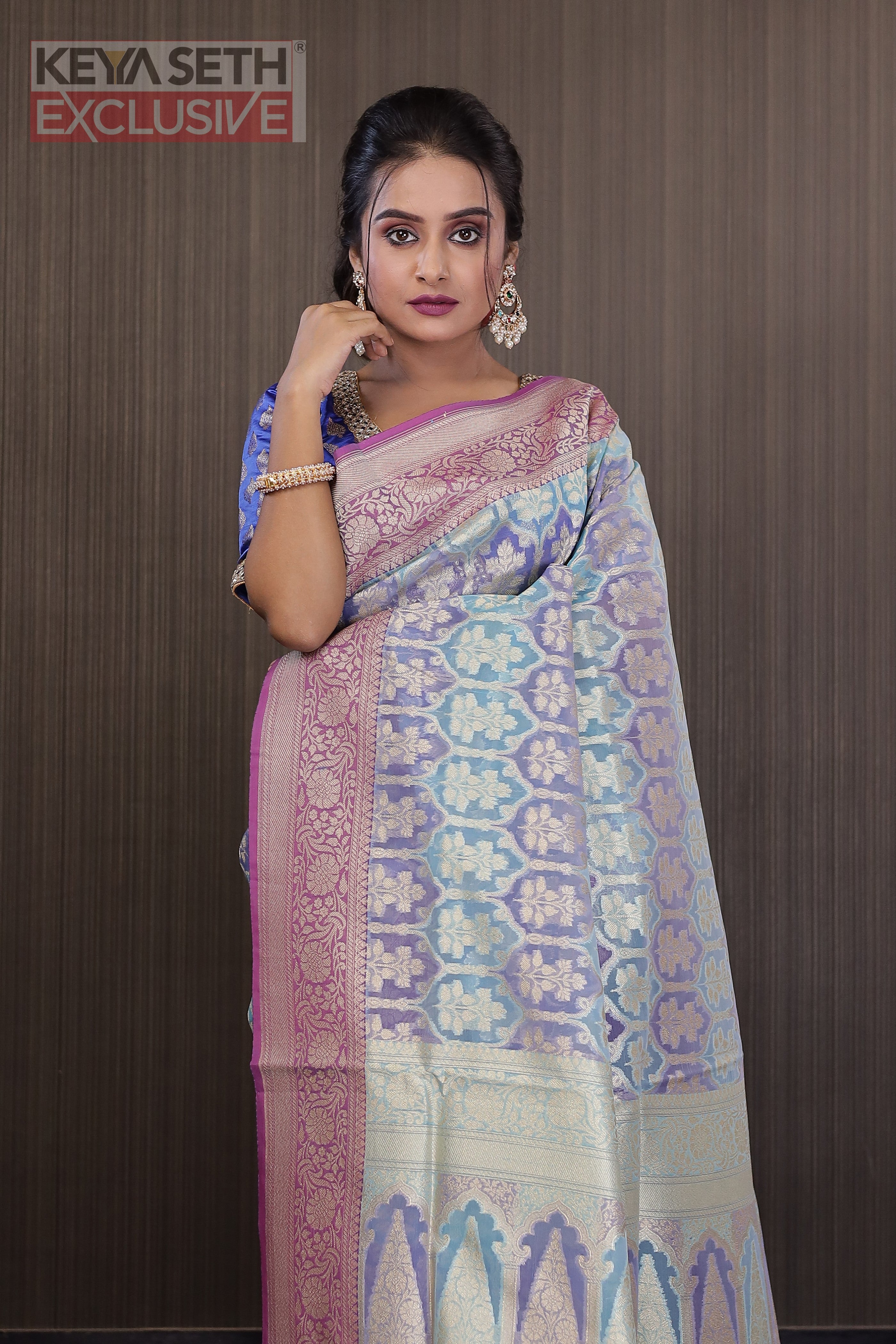 Sky and Lavender Tissue Saree with Floral Motif - Keya Seth Exclusive