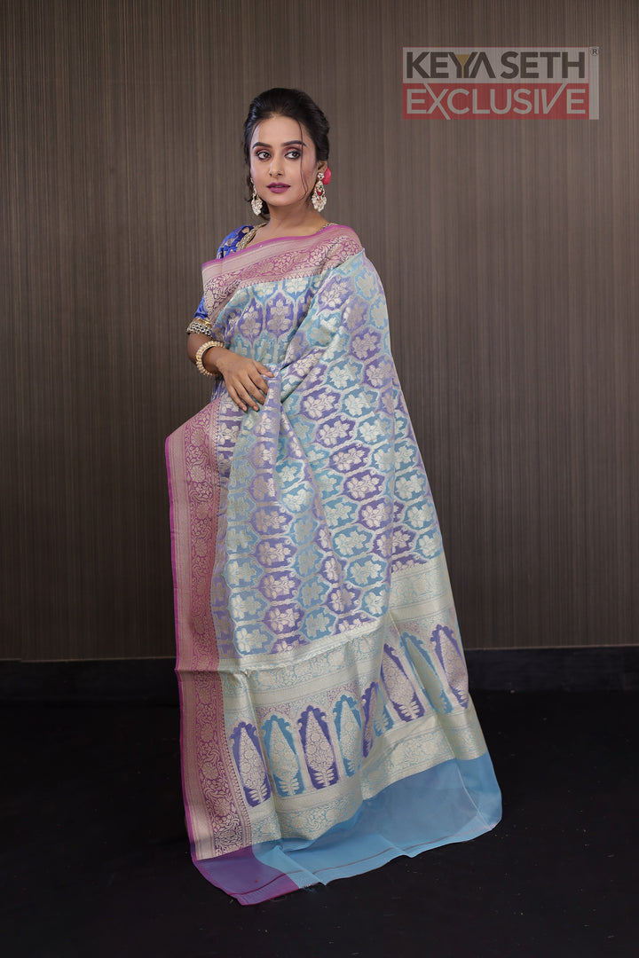 Sky and Lavender Tissue Saree with Floral Motif - Keya Seth Exclusive
