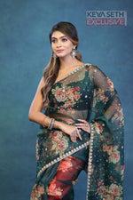 Load image into Gallery viewer, Green Floral Soft Organza Saree - Keya Seth Exclusive