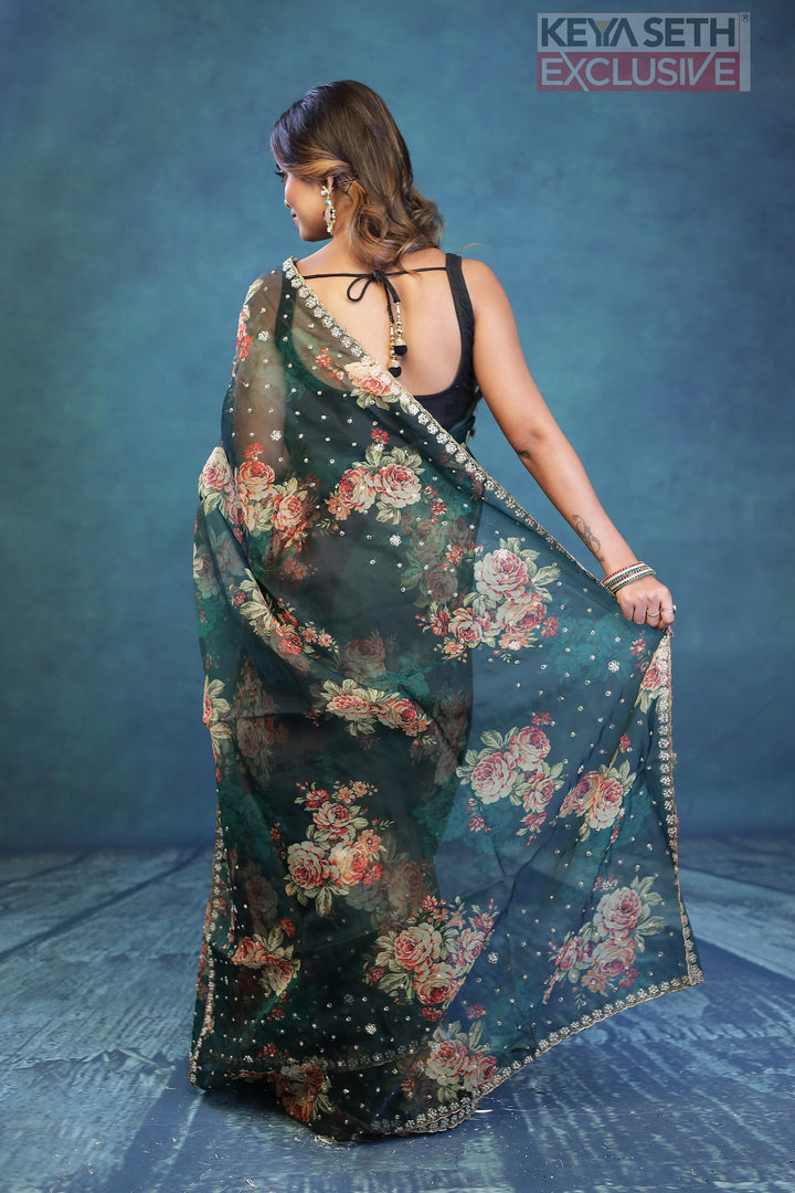 Green Floral Soft Organza Saree - Keya Seth Exclusive