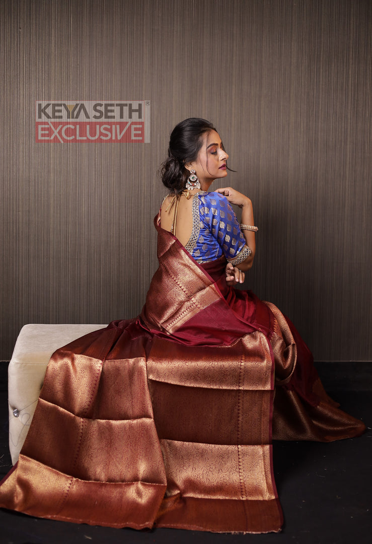 Maroon Soft Silk Mahapar Saree - Keya Seth Exclusive