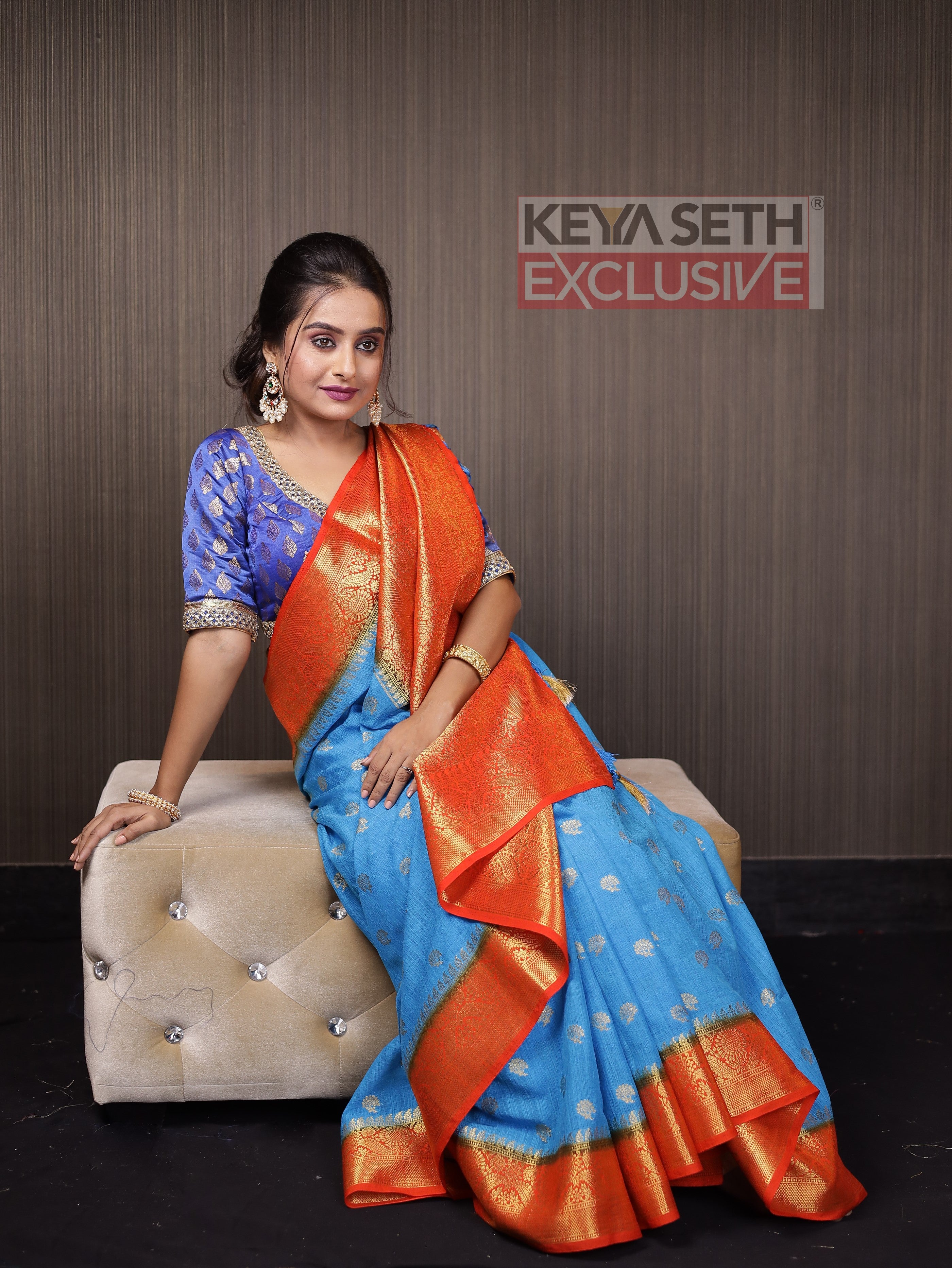 Blue Matka Saree with Orange Border - Keya Seth Exclusive