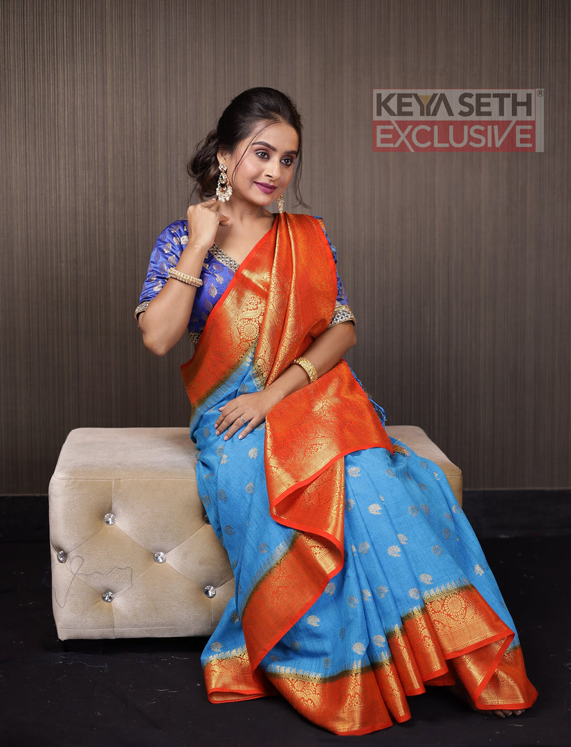 Blue Matka Saree with Orange Border - Keya Seth Exclusive