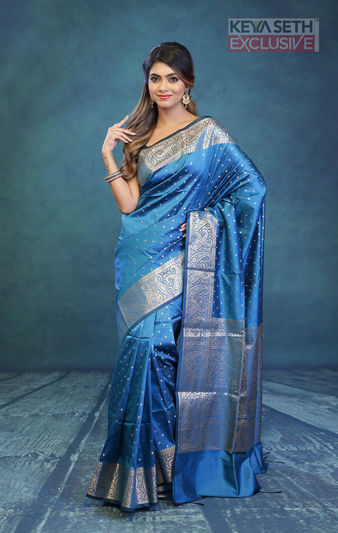 Blue Semi Katan Silk Saree - Keya Seth Exclusive