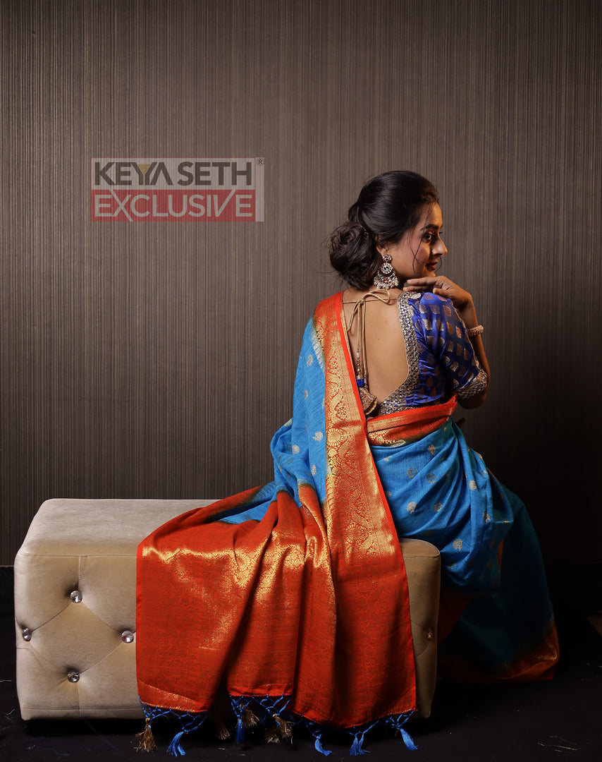 Blue Matka Saree with Orange Border - Keya Seth Exclusive