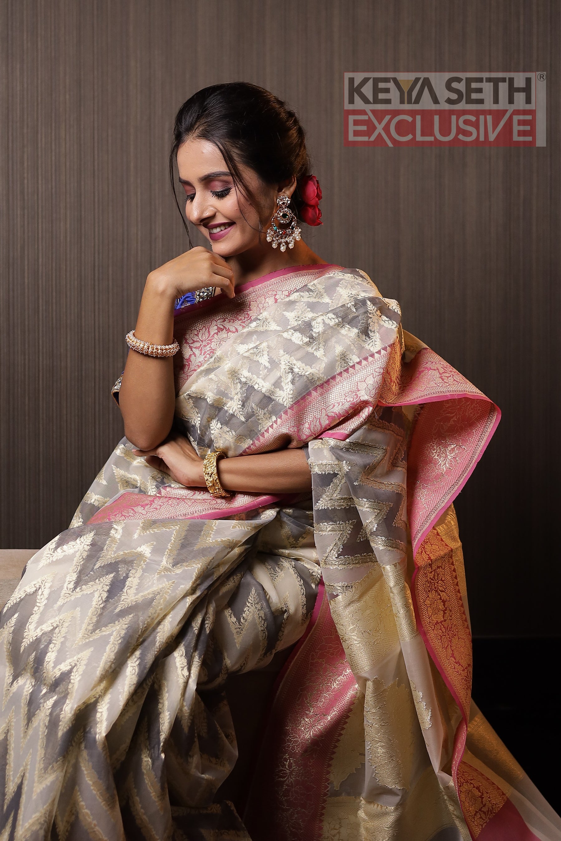 Off White and Grey Tissue Saree - Keya Seth Exclusive