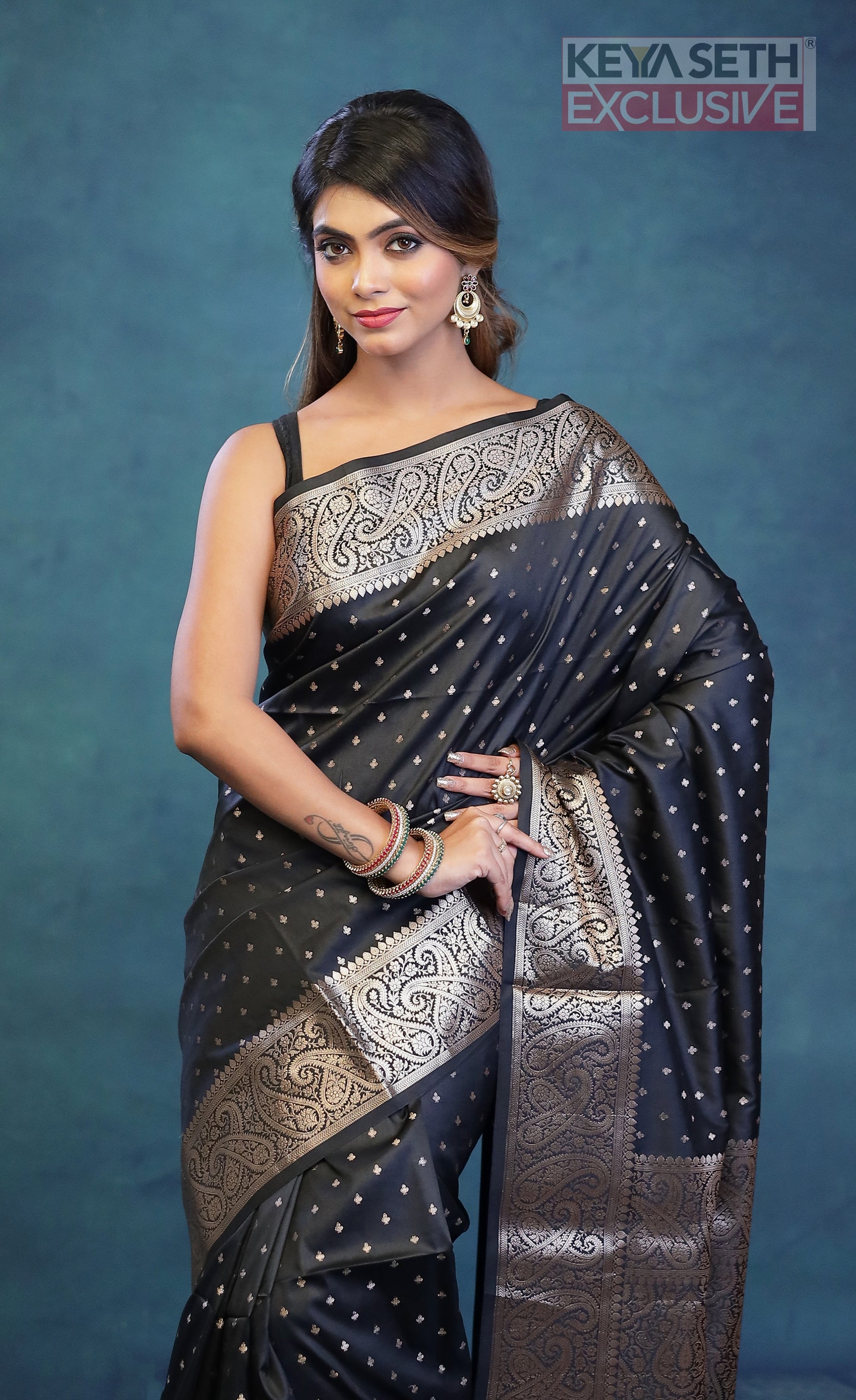 Black Semi Katan Silk Saree - Keya Seth Exclusive