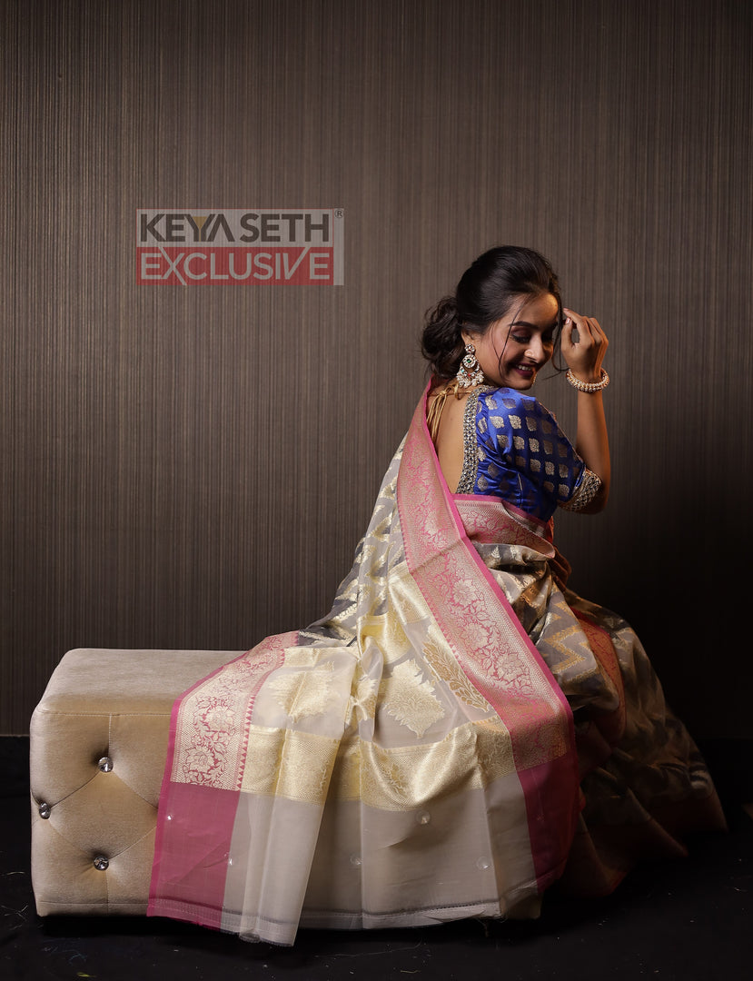 Off White and Grey Tissue Saree - Keya Seth Exclusive