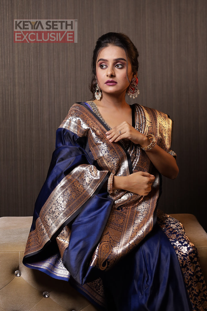 Midnight Blue Shahi Katan Saree - Keya Seth Exclusive
