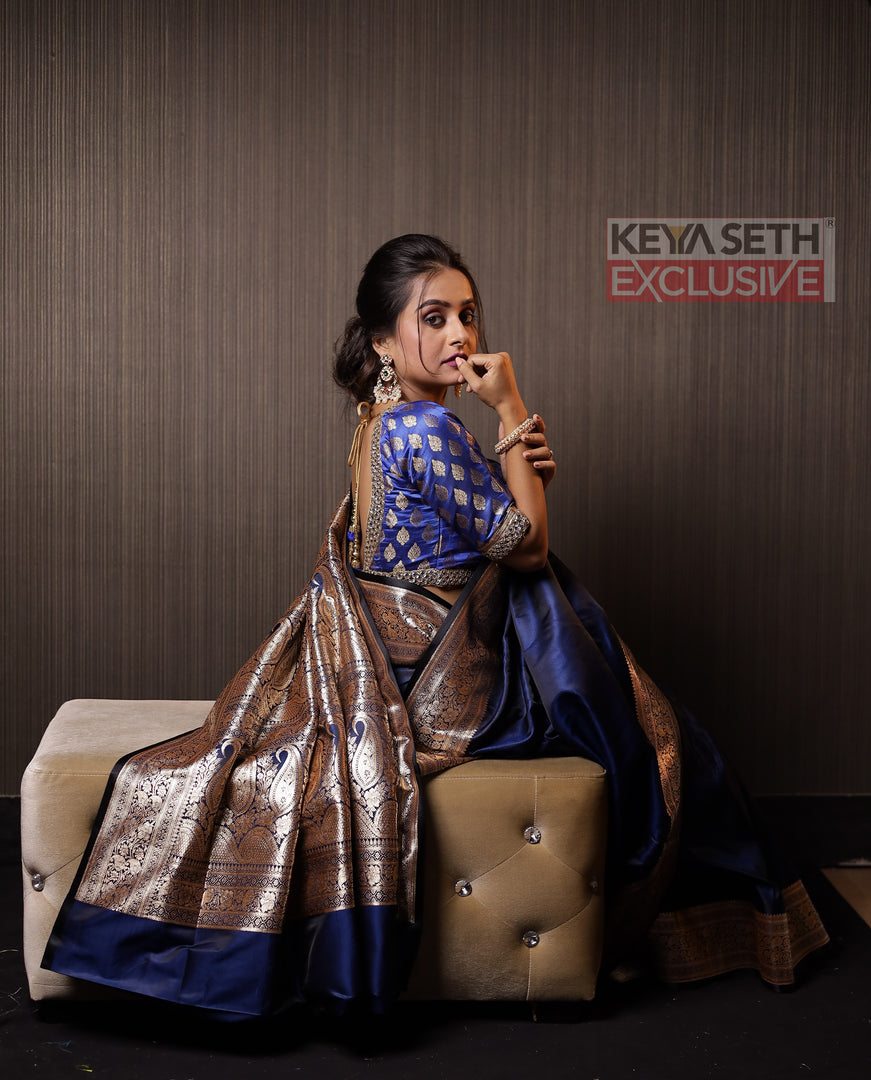 Midnight Blue Shahi Katan Saree - Keya Seth Exclusive