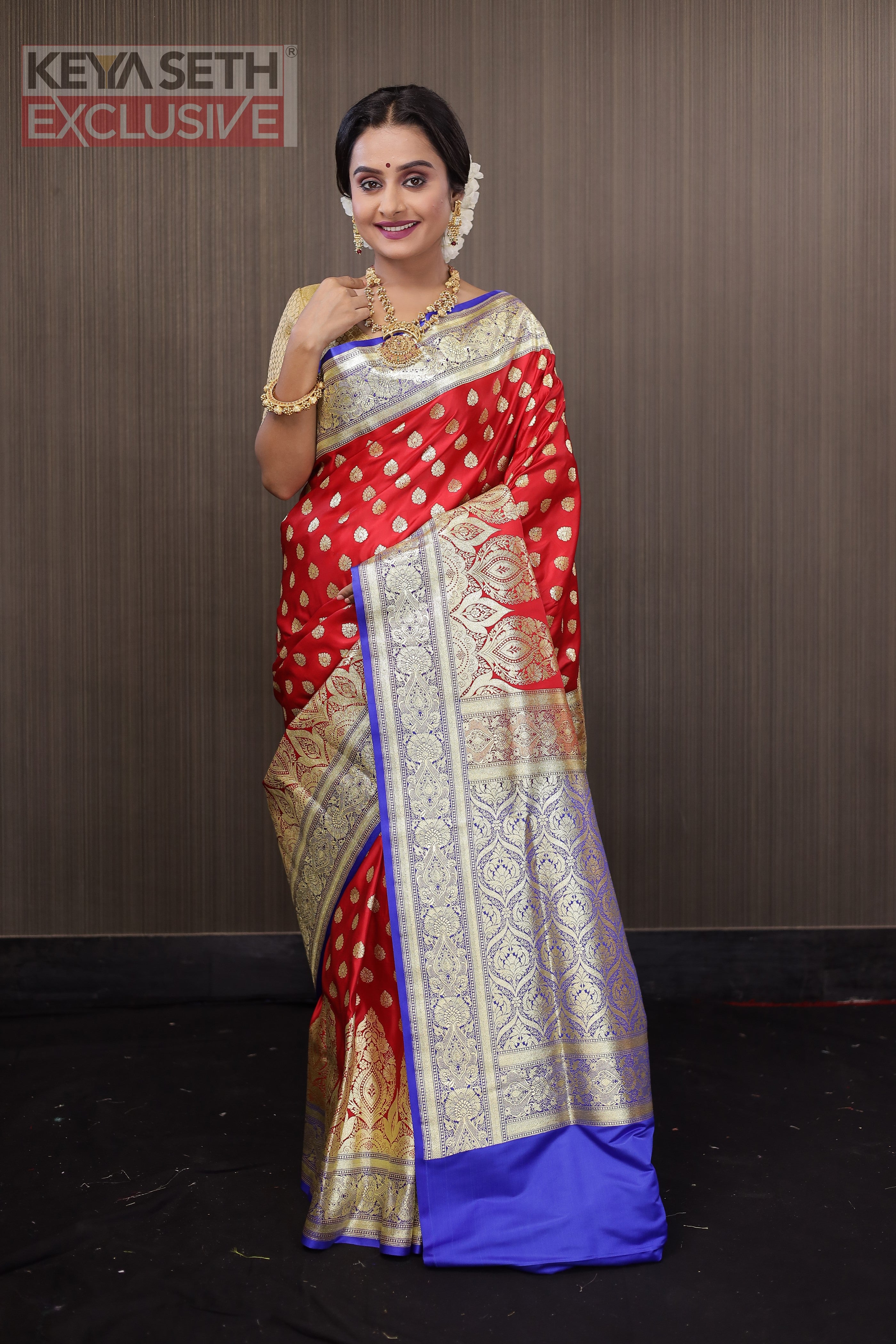 Red and Blue Katan Banarasi Saree - Keya Seth Exclusive