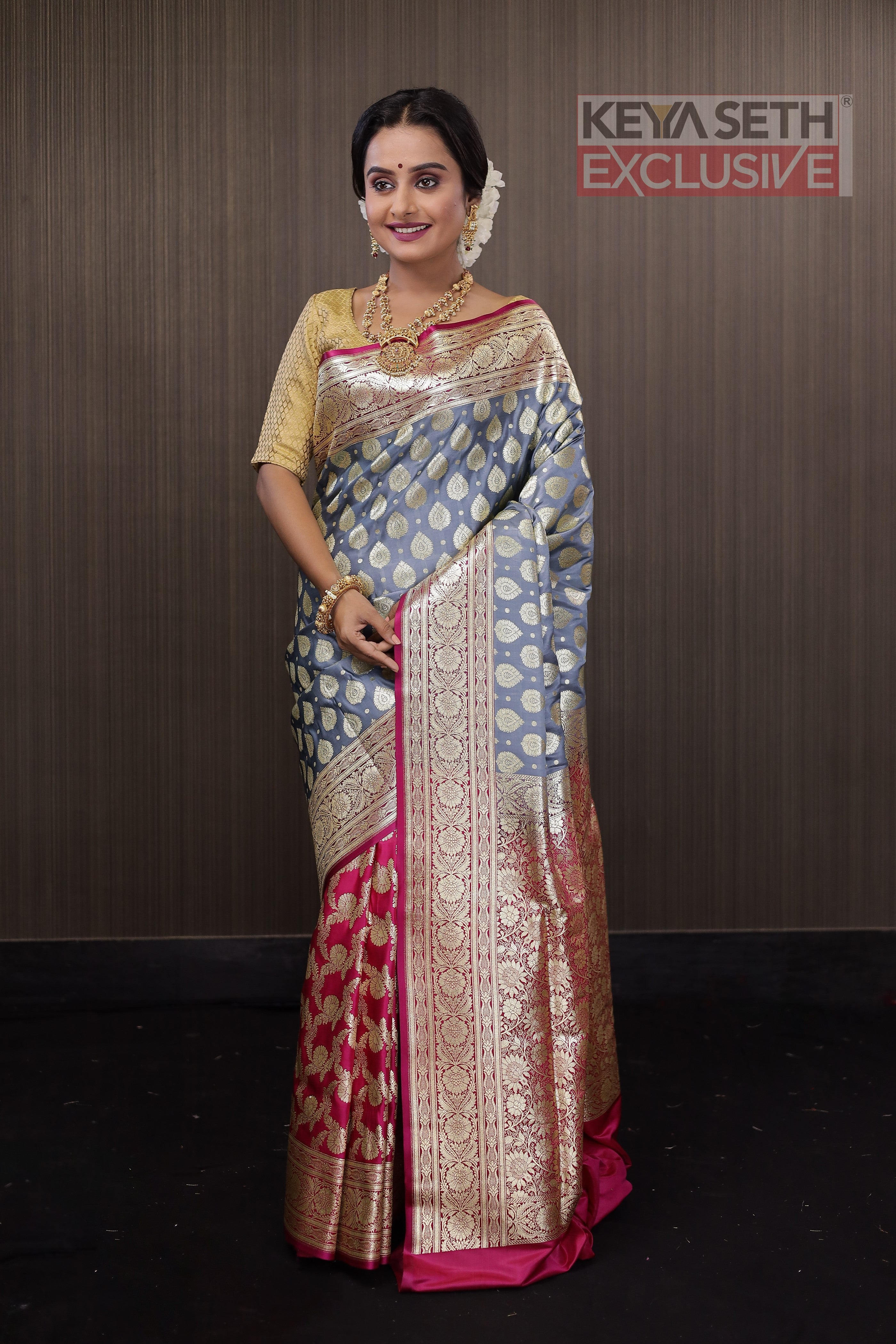 Steel Grey Half and Half Satin Benarasi Saree - Keya Seth Exclusive