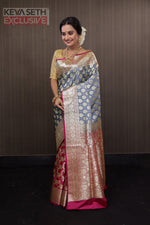 Load image into Gallery viewer, Steel Grey Half and Half Satin Benarasi Saree - Keya Seth Exclusive