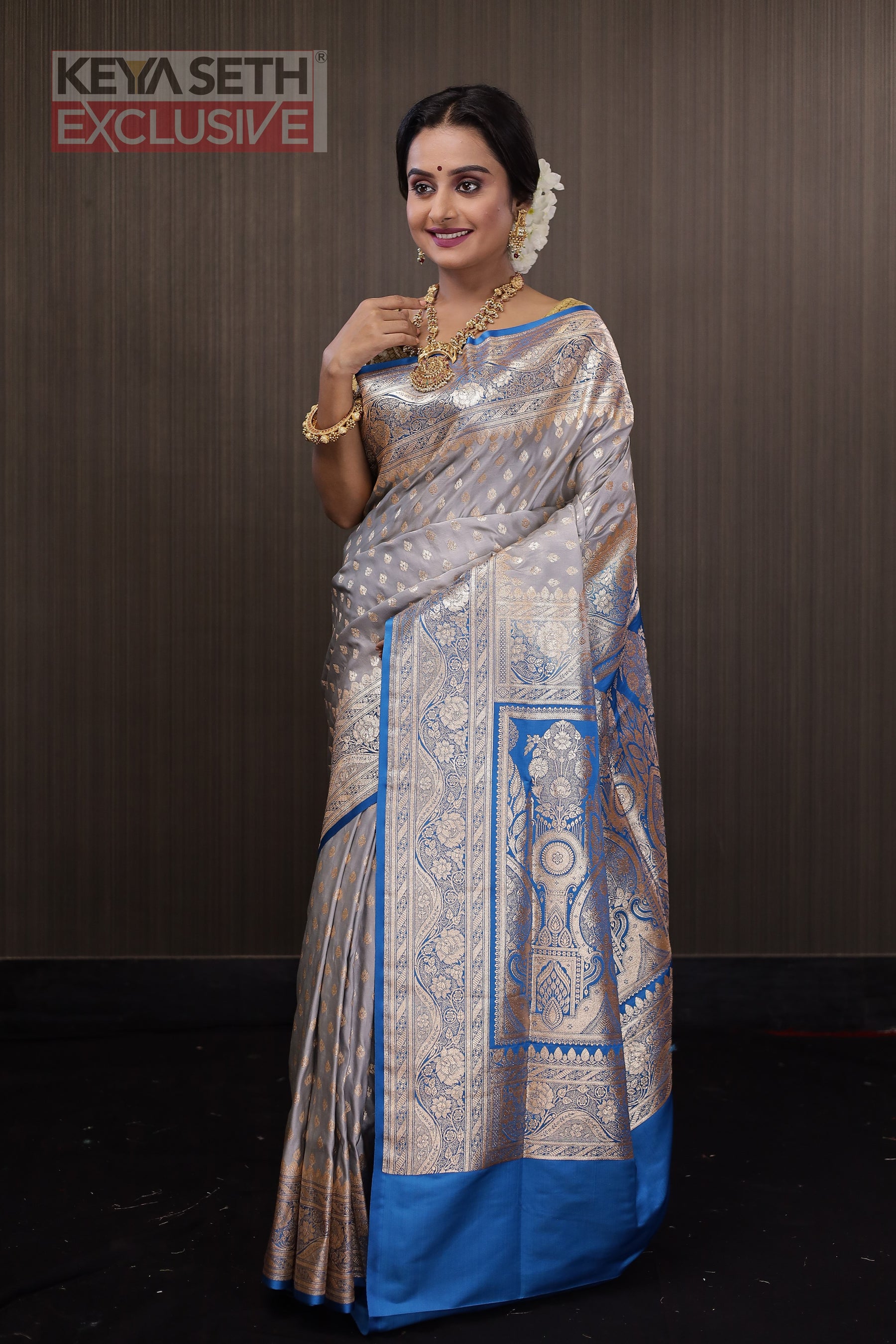 Grey and Blue Katan Banarasi Saree - Keya Seth Exclusive