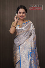 Load image into Gallery viewer, Grey and Blue Katan Banarasi Saree - Keya Seth Exclusive