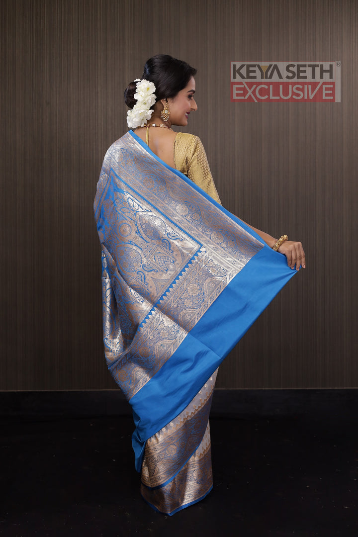 Grey and Blue Katan Banarasi Saree - Keya Seth Exclusive