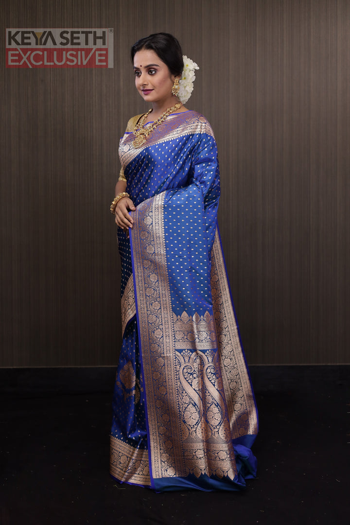 Dual Tone Royal Blue Katan Benarasi Saree    - Keya Seth Exclusive