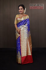 Load image into Gallery viewer, Royal Blue and Red Katan Banarasi Saree - Keya Seth Exclusive