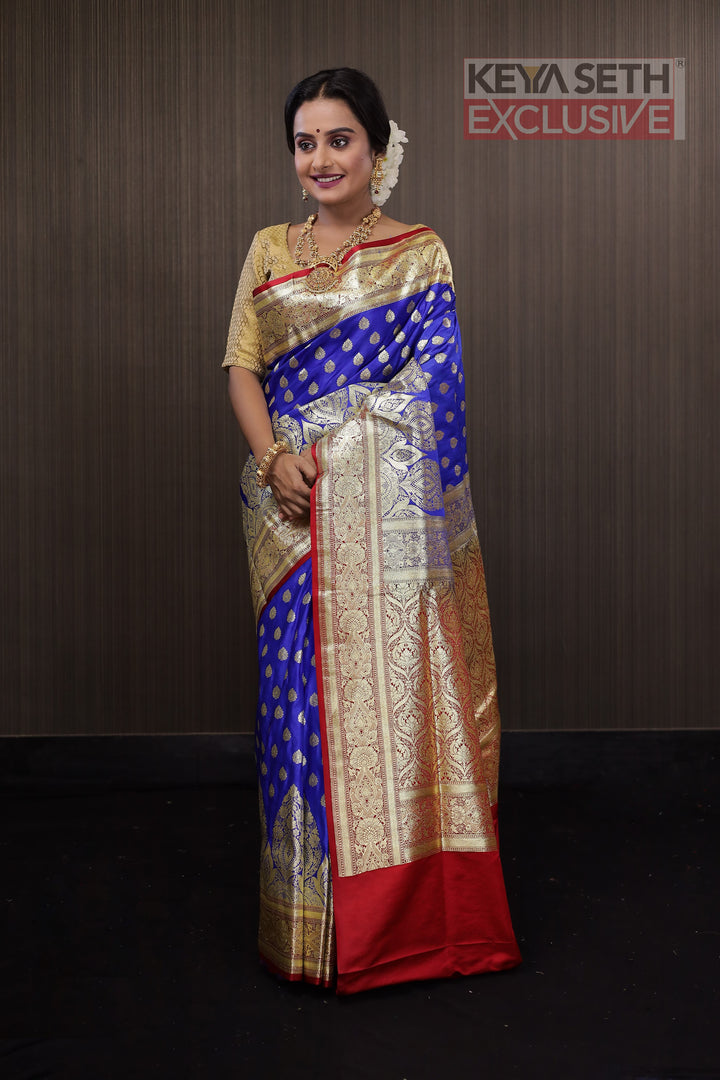 Royal Blue and Red Katan Banarasi Saree - Keya Seth Exclusive