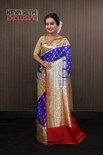 Load image into Gallery viewer, Royal Blue and Red Katan Banarasi Saree - Keya Seth Exclusive