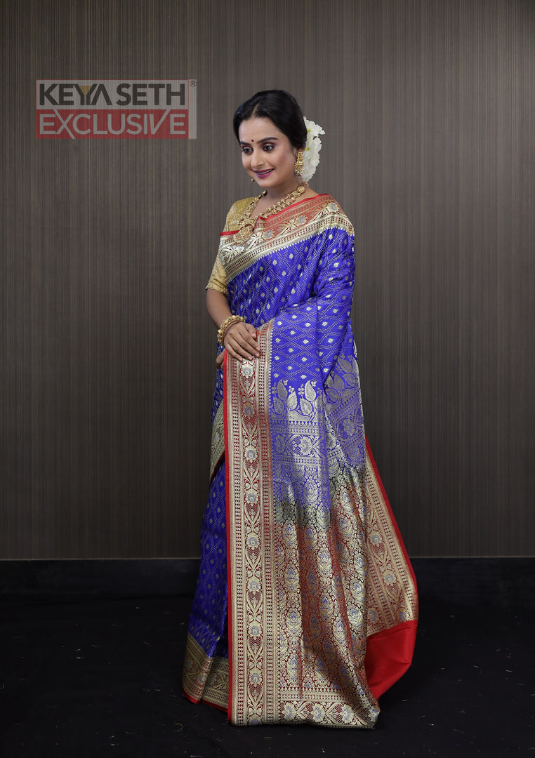 Royal Blue Red Katan Banarasi Saree - Keya Seth Exclusive