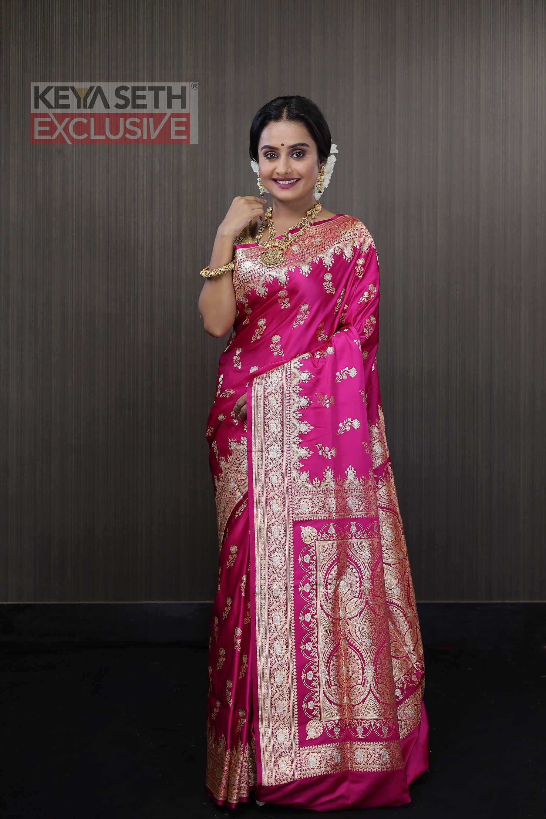 Deep Pink Floral Katan Banarasi Saree - Keya Seth Exclusive