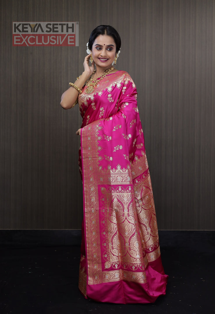 Deep Pink Floral Katan Banarasi Saree - Keya Seth Exclusive