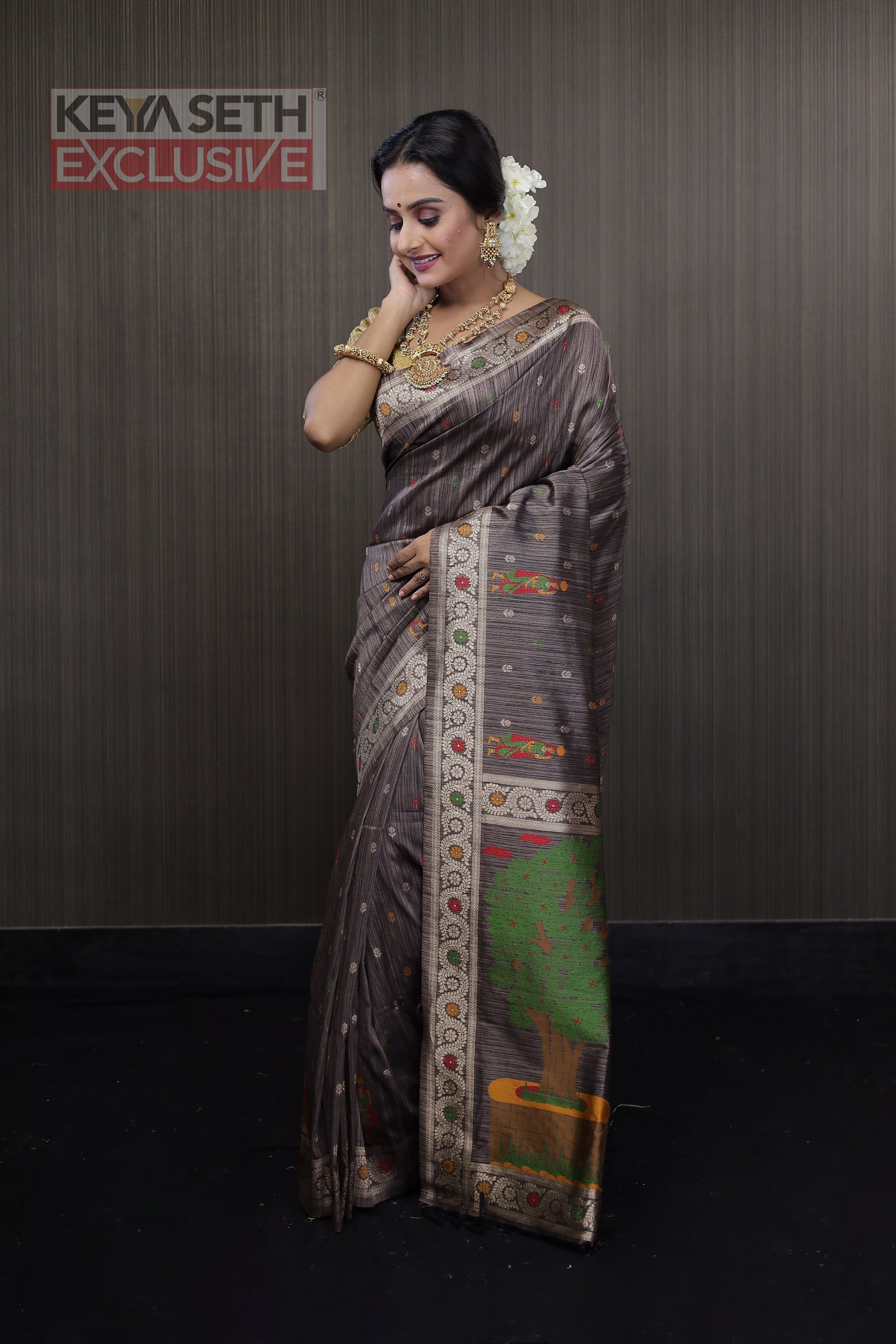 Deep Grey Pattachitra Silk Saree - Keya Seth Exclusive