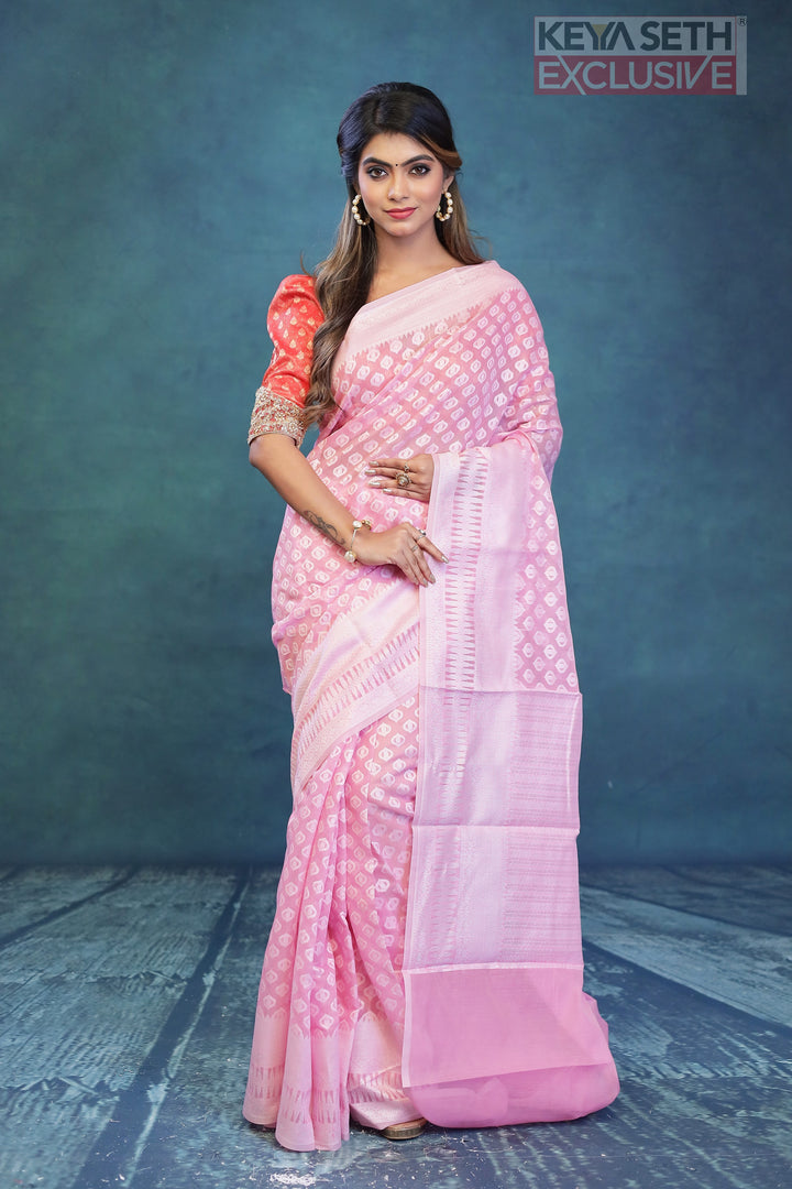 Breathable Baby Pink Cotton Saree - Keya Seth Exclusive