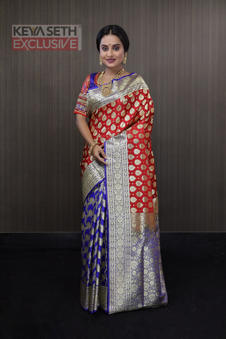 Red and Blue Half and Half Katan Banarasi Saree - Keya Seth Exclusive