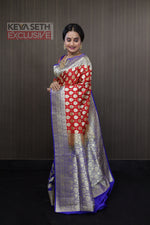 Load image into Gallery viewer, Red and Blue Half and Half Katan Banarasi Saree - Keya Seth Exclusive