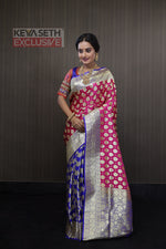 Load image into Gallery viewer, Deep Pink and Royal Blue Half and Half Katan Banarasi Saree - Keya Seth Exclusive