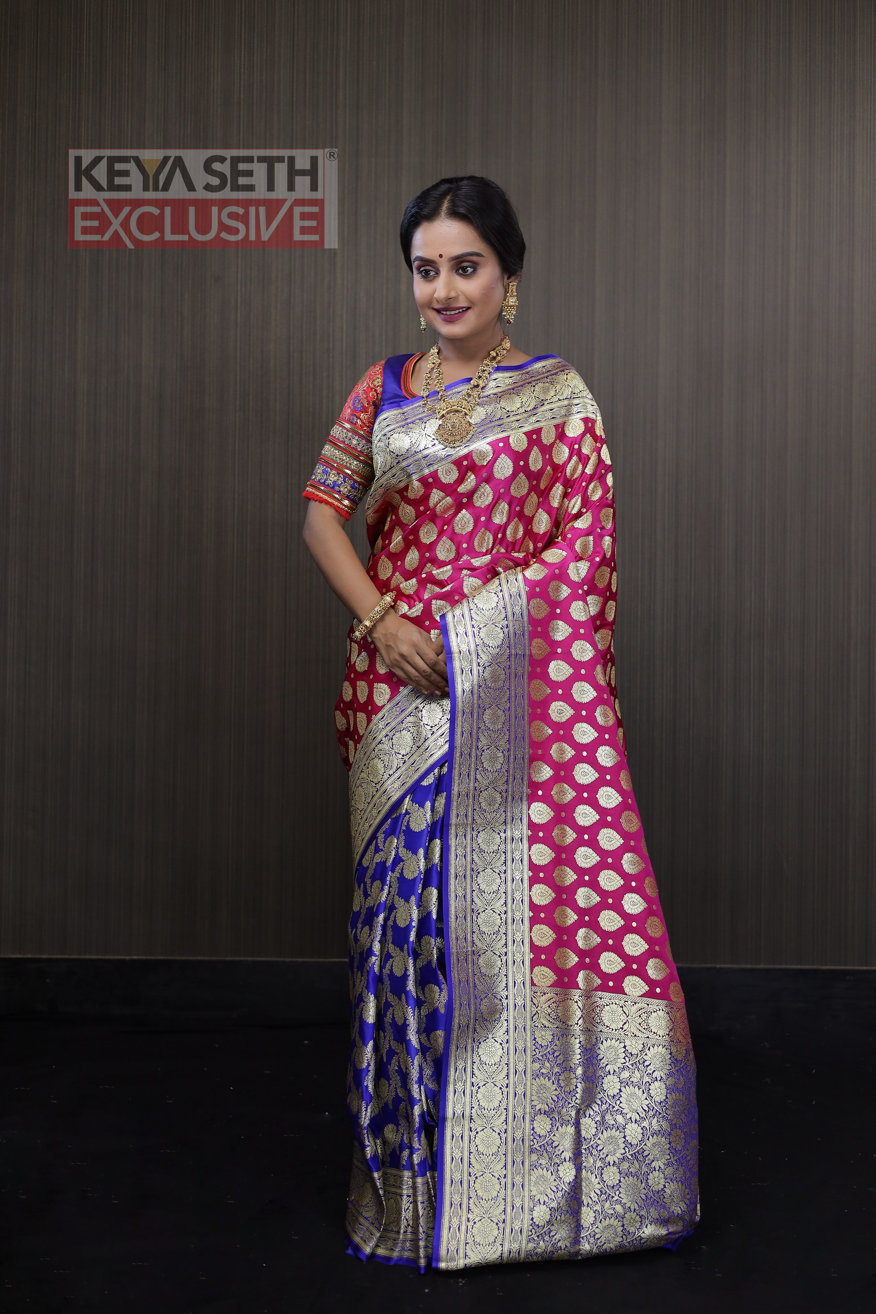 Deep Pink and Royal Blue Half and Half Katan Banarasi Saree - Keya Seth Exclusive