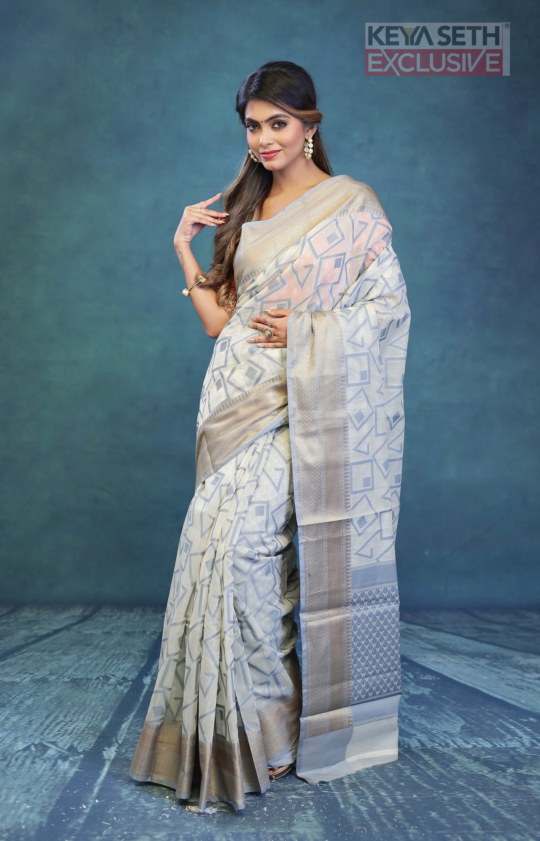 Soft Off-white and Grey Cotton Saree - Keya Seth Exclusive