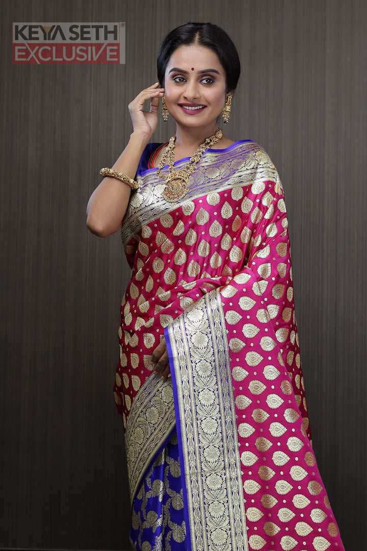 Deep Pink and Royal Blue Half and Half Katan Banarasi Saree - Keya Seth Exclusive