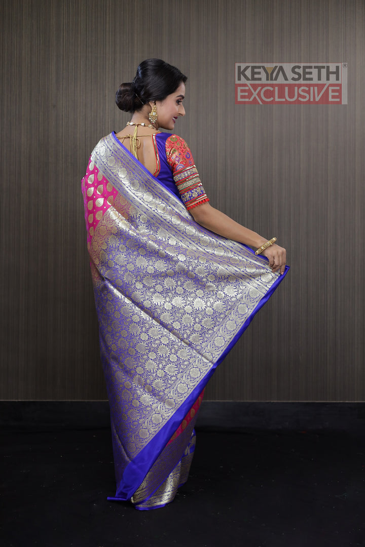 Deep Pink and Royal Blue Half and Half Katan Banarasi Saree - Keya Seth Exclusive