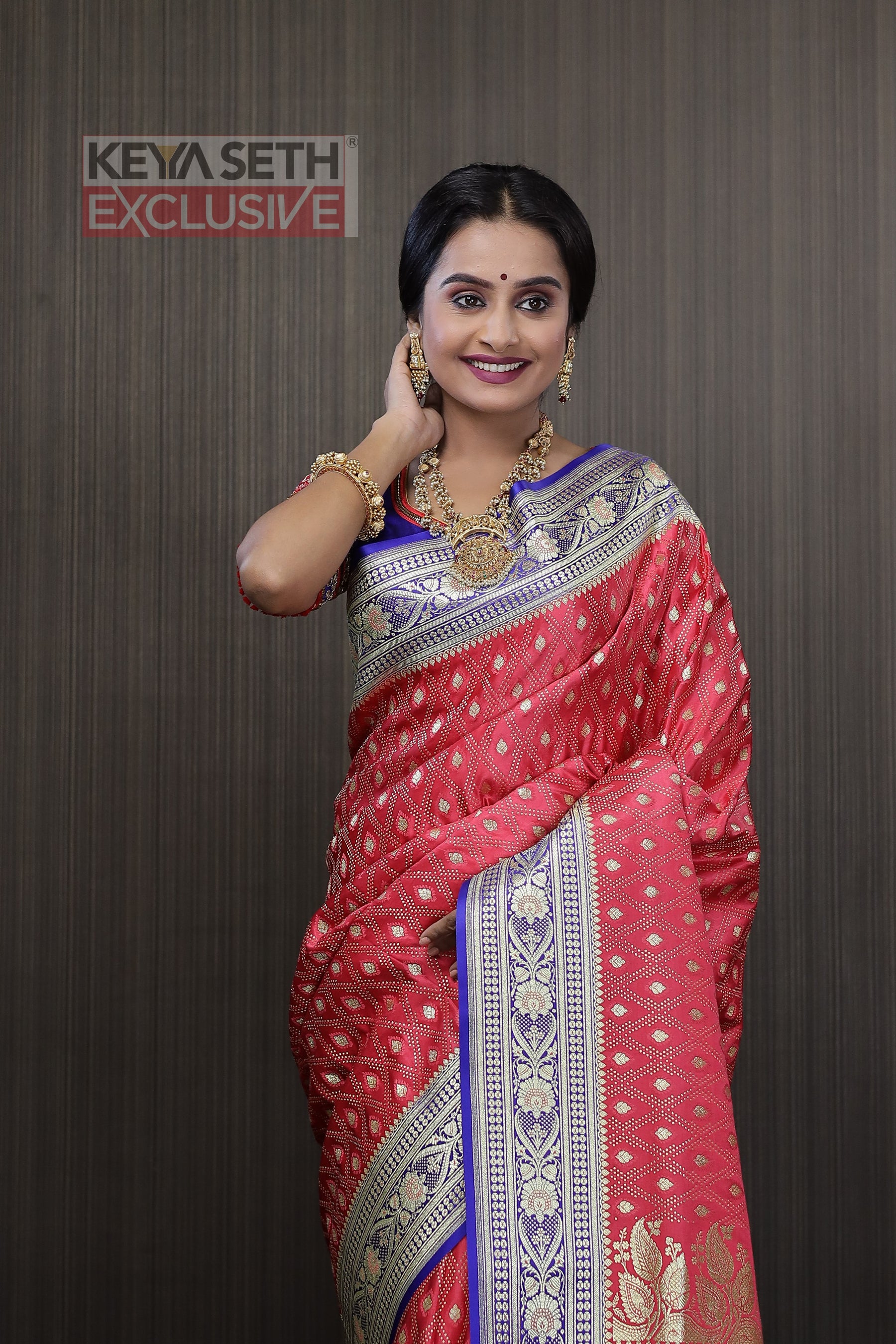 Pink Blue Katan Benarasi Saree - Keya Seth Exclusive