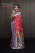 Load image into Gallery viewer, Pink Blue Katan Benarasi Saree - Keya Seth Exclusive