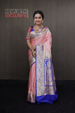Load image into Gallery viewer, Light Peach and Blue Katan Banarasi Saree - Keya Seth Exclusive