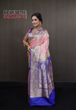 Load image into Gallery viewer, Light Peach and Blue Katan Banarasi Saree - Keya Seth Exclusive